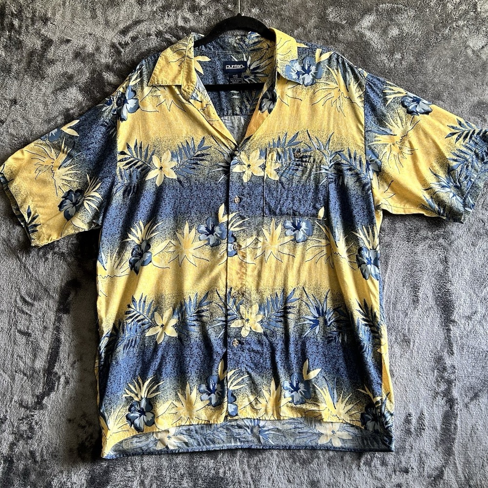 Puritan Hawaiian Shirt Mens Large Rayon Yellow Blue Tropical Camp Beach Vtg
